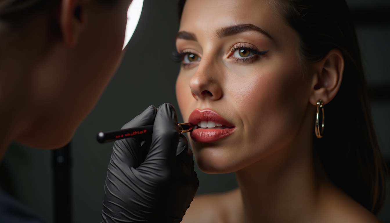 Femeie zâmbitoare cu tatuaj buze perfect conturat, ilustrând frumusețea naturală îmbunătățită